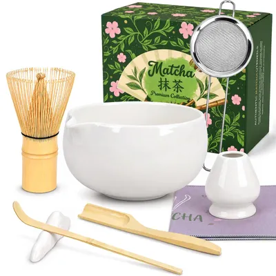 Matcha-Set, 7-teilig, weiß, Keramik & Bambus