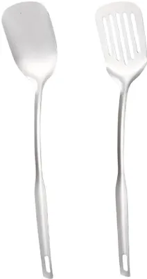 Produktbild von Unyqoos® 2-teiliges Edelstahl-Spatelset (silber) – geschlitzter Spatel & robuster Pfannenwender mit Aufhängeöse, rostbeständig, vielseitig einsetzbar