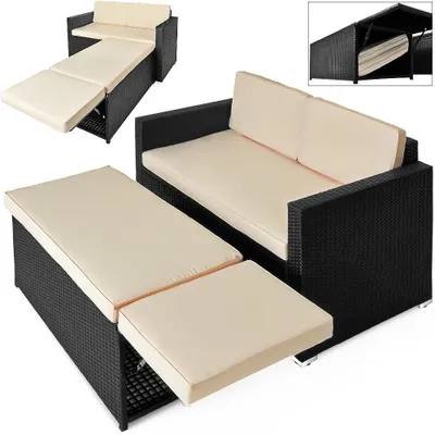 Obrázek produktu pro CASARIA® 2v1 zahradní pohovka s taburetem sada zahradního nábytku 7cm polštář 2 místa 125x70cm úložný prostor otoman odolný proti povětrnostním vlivům balkonový nábytek polyratanový lounge černý