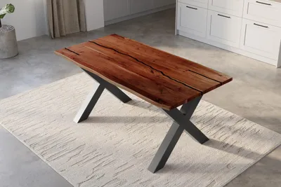 Produktbild von Baumkantentisch 160 x 85 cm Polly, Epoxidharz-Adern in Schwarz, Akazienholz massiv + nussbaumfarben, Esstisch mit X-Eisengestell Schwarz, Tischplatte 26 mm, Esszimmertisch mit echter Baumkante