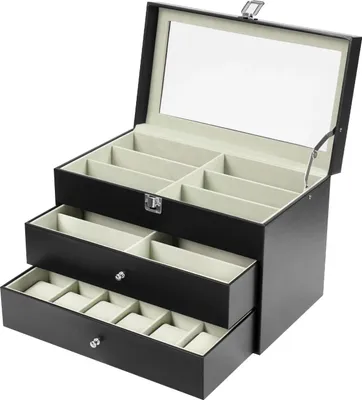 Produktbild von Uhren- und Brillenbox - 3-stöckige Aufbewahrungsbox - für 12 Uhren - 12 Brillen - Glasdeckel - Schwarz