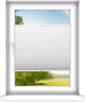 A white pleated blind is shown covering the middle section of a window, with a view of trees and a landscape visible above and below the blind.