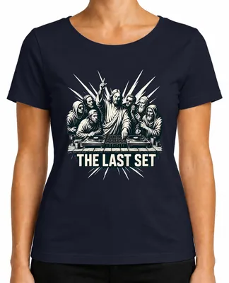 Imagen del producto de THE LAST SET: Camiseta para mujer con diseño "Jesus DJ Abendmahl Techno Party", color azul marino, talla XXL
