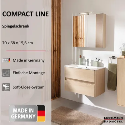 Produktbild von FACKELMANN COMPACT LINE Spiegelschrank 70 cm breit in Braun Hell  Ideal für stilvolles Badezimmerdesign