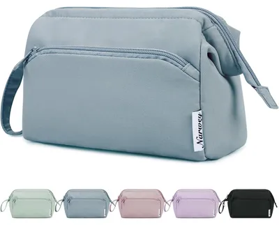 Immagine prodotto di Borsa da viaggio per cosmetici da donna, beauty case, trousse da toilette, borsa per il trucco, con apertura ampia, color grigio-blu, dimensioni 21,5x16x11 cm