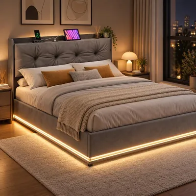 Obrázek produktu pro Postel INONEFT, čalouněná, dvoulůžko, 140x200 cm, s hydraulickým úložným prostorem, LED osvětlením a USB porty, úložná postel s úložným prostorem, rám postele s lamelovým roštem, samet, šedá barva