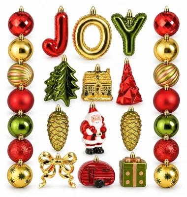 Productafbeelding van Mica Decorations Kerstornamentenset JOY - Set van 26 Onbreekbare Kerstballen in Rood, Donkergroen en Goud - Kerstboomversiering van Gerecycled Polystyreen - 6 x 6 x 6 cm