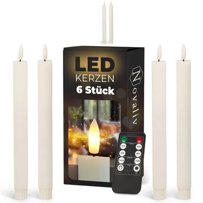 Imagen del producto de Velas LED con temporizador, color blanco, juego de 6 unidades, para uso interior. Duración: 6 horas. Fabricadas con cera real texturizada, con una altura de 23 cm, diseñadas para velas de 2,2 cm de diámetro. Requieren 2 pilas AAA por vela. Juego de 2 velas LED (dos unidades) con llama parpadeante