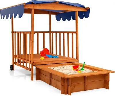 Produktbild von COSTWAY hölzerner Sandkasten für Kinder, Kinder-Spielstation, Rollbarer Kindersandkasten für Garten und Strand, Outdoor-Spielmöbel für Kinder über 3 Jahre