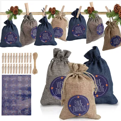 Produktbild von TolleTour 24 Adventskalender zum Befüllen, Stoffbeutel Geschenksäckchen Weihnachten für Weihnachtskalender, Adventskalender Säckchen mit 1-24 Adventszahlen Geschenkanhänger,Blau /weiß /grau