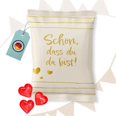 Produktbild von Fruchtgummi Tütchen Schön, dass du da bist – Gastgeschenk Hochzeit mit roten Herzen25 Stück