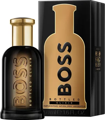 A bottle of Hugo Boss Bottled Elixir perfume and its packaging are displayed against a black background.