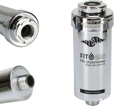 A chrome-plated shower filter with close-up views of its connection points.