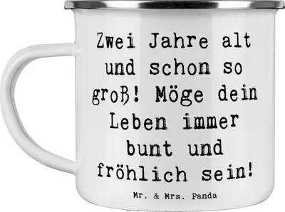Produktbild von Mr. & Mrs. Panda Teetasse Spruch 2. Geburtstag - Weiß - Geschenk, Meilenstein, Glückwünsche, zweiter, Geburtstagsfeier, Teebecher, Emaille Becher, Pott, Alter, Kaffeepott