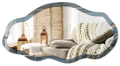 Imagen del producto de Espejo de pared moderno con un borde decorativo, de 90x45 cm. Espejo asimétrico de forma libre, ideal para decorar salones, pasillos y dormitorios. Diseño con formas onduladas, Imagen generada por IA