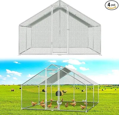 Image de Voliaire XXL avec enclos extérieur, doté d'un système de verrouillage sécurisé et d'une bâche en PE étanche. Offre beaucoup d'espace pour les poules, les lapins et autres petits animaux. Structure en acier robuste, dimensions : 3 x 4 x 2 mètres