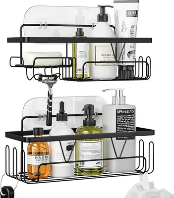 Two black wire shower caddies filled with various bathroom products, mounted on a white background.