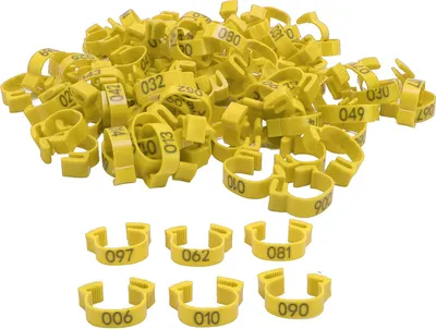 Produktbild von 100 Stück Hühnerbeinbänder, 20 mm, 001 bis 100, nummerierte Geflügel-Identifikationsmarken für Küken, Enten, Tauben, Gänse, Wachteln, Gelb