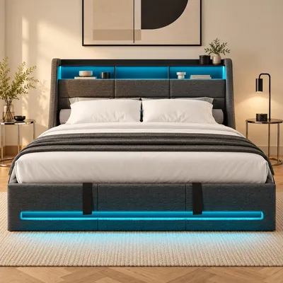 Produktbild von Polsterbett 140x200 cm mit Stauraum, Bettkasten und 4 Schubladen, Doppelbett Bettgestell mit Lattenrost, Kopfteil mit Staufach, USB und LED, Leinen