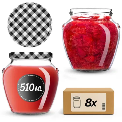 Produktbild von KADAX Einmachgläser 510 ml mit Schraubdeckel fi82mm, Schraubgläser mit Deckel, Einkochgläser, Sturzgläser zum Einkochen (Schwarz kariert, 8 Stück)