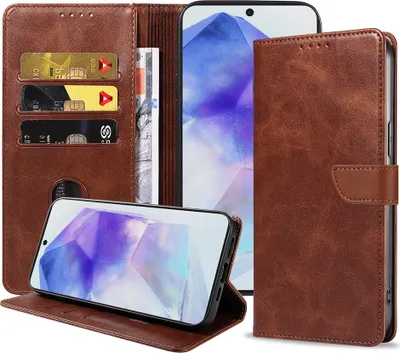 Produktbild von Passend für Samsung Galaxy A55 Handytasche Kunstleder mit magnetischer Lippe und Kartenhalter Buchhülle mit Klappe - Dunkelbraun - Smartphonics
