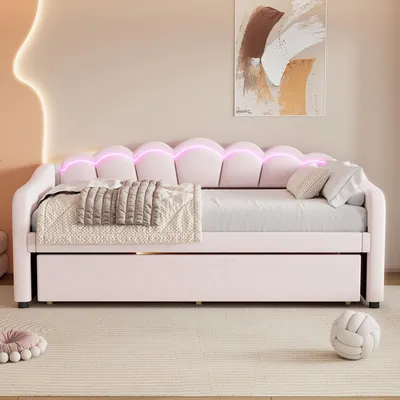 Produktbild von okwish Schlafsofa Daybett 90x200cm mit Ausziehbarem Unterbett 90x190cm und Lattenrost, Tagesbett Kinderbett Jugendbett mit farbwechselndes Umgebungslich(Ohne Matratze)- Rosa