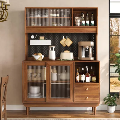 Produktbild von Merax Küchenschrank Buffet mit Riffelglas-Schiebetüren, Sideboard mit Schubladen, Hochschrank mit offenen Fächern,  Lochplatten-Rückwand, Nussbaum