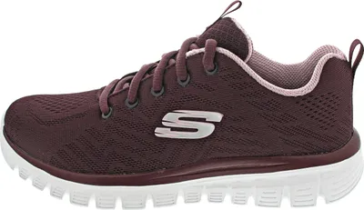 A side view of a single burgundy Skechers sneaker against a white background.