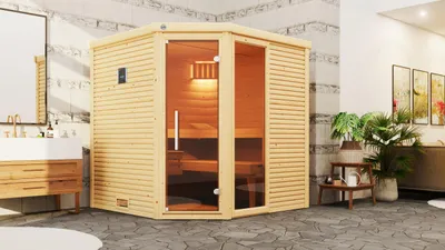 Produktbild von weka Design-Massivholzsauna CUBILIS ECK 2 inkl. Sauna-Leuchtenset, Lieferung und Montage x B x T x H x 195 x 195 x 205