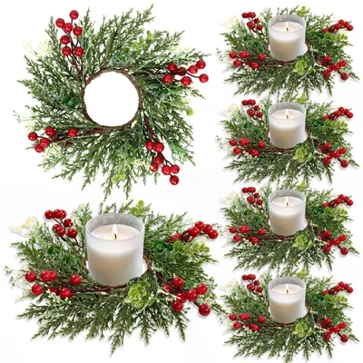 Productafbeelding van Kerstkaarsenringen, 8 stuks, 27 cm, met rode bessen en dennentakken
