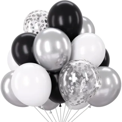 100 Luftballons Schwarz Weiß Silber mit Konfetti, 30,5 cm, Latex, für Feiern