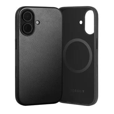 A black leather phone case with a MagSafe compatible ring is shown.