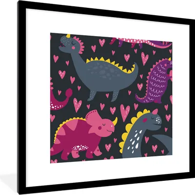 Produktbild von MuchoWow® Gerahmtes Poster Dinosaurier - Kind - Muster - Rosa - Mädchen 40x40 cm - Poster mit Schwarzem Bilderrahmen Wandposter Rahmen Foto Bilder - Poster - Plakat im Rahmen