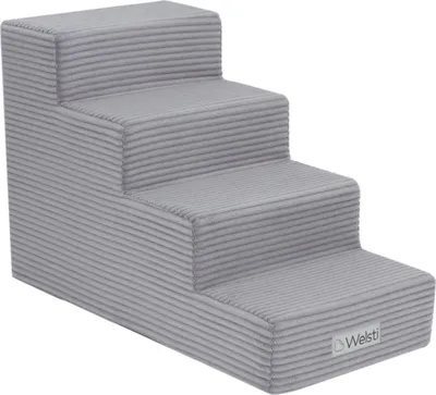 A gray, four-step pet stair with a corduroy texture.
