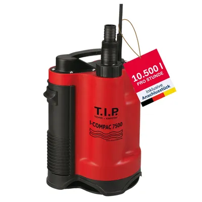 Productafbeelding van De I-Compac 7500 drainagepomp van T.I.P. is geschikt voor gebruik in smalle putten vanaf 22x22 cm, heeft een opvoerhoogte van 5 meter en is voorzien van een geïntegreerde vlotterschakelaar
