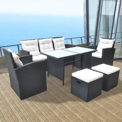 Produktbild von vidaXL 6-tlg. Garten-Essgruppe mit Kissen Poly Rattan Schwarz