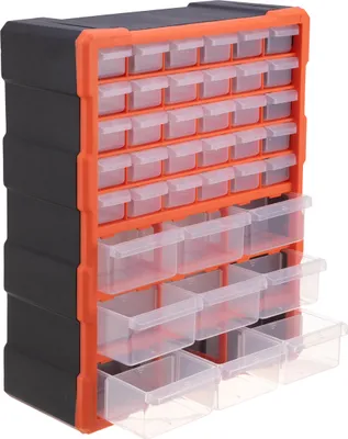 Productafbeelding van Relaxdays opbergdoos voor kleine onderdelen, 39 lades, kunststof, hoogte x breedte x diepte: 47x38x16 cm, kan aan de muur worden bevestigd of vrijstaand worden geplaatst, sorteerbox, zwart/oranje