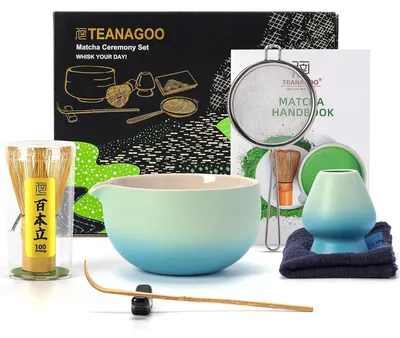 Productafbeelding van Matcha-theeset, 7-delig, keramiek, bamboe, kleurverloop blauw, kom met schenktuit