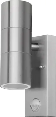 Produktbild von Grafner Edelstahl Wandlampe mit Bewegungsmelder, silber, nach oben und unten gerichtetem Lichtschein, IP44, 2x GU10 Fassung, für außen und innen, Wandleuchte Wand Lampe nach oben und unten scheinend