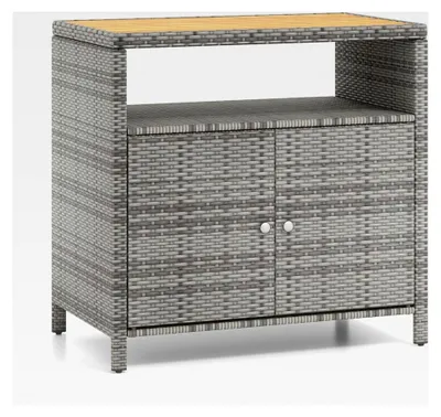 Produktbild von Gartenschrank aus Rattan mit Arbeitsplatte aus Akazienholz, offenem Fach und Doppeltür, Aufbewahrungsschrank für Garten und Terrasse, 90 x 53 x 86 cm (Grau)