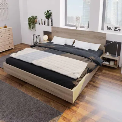 Image de Lit en bois moderne avec 2 commodes de nuit, ensemble de chambre à coucher en chêne Sonoma/gris foncé, 2 tables de nuit incluses, 205,5x235x76,5 cm, lit 160x200 cm