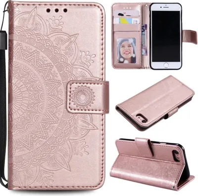 A collage of images showing a rose gold mandala flip case for an iPhone, including a close-up of the case, the case open with a phone inside, and the case in a stand position.