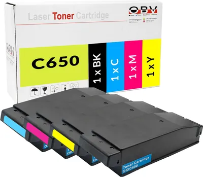 A box of OBV laser toner cartridges for an OKI C650 printer, with the cartridges themselves displayed in the foreground.