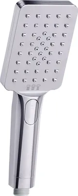 A chrome-plated hand shower head with multiple spray nozzles and a control button on the handle.