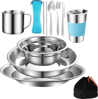 Image de Set de vaisselle de camping en acier inoxydable : assiette, tasse, cuillère, fourchette et couteau pour 1 à 2 personnes, pour le camping