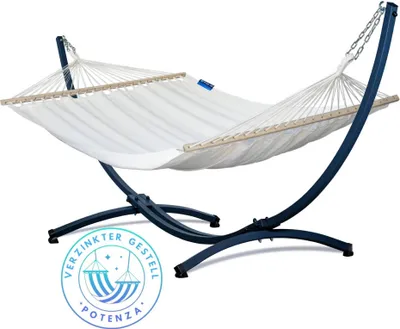 Produktbild von Potenza Outdoor Hängematte mit Verzinkter Gestell für 2 Personen I 100% Baumwolle Medelin Stabhängematte 215x140, 160kg I Hängemattengestell 220kg, wetterfest