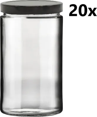 A clear glass jar with a black lid is shown against a white background, with the text "20x" in the upper right corner.