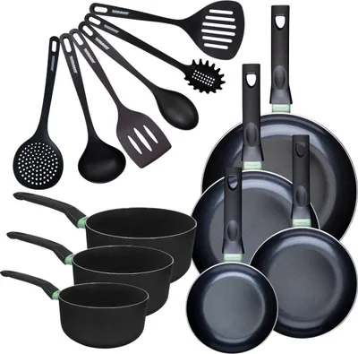 Image de Set de 4 poêles 16 20 24 et 28 cm et 3 casseroles 16, 18 et 20 cm antiadhésives céramique et 6 ustensiles Fackelmann Brandao