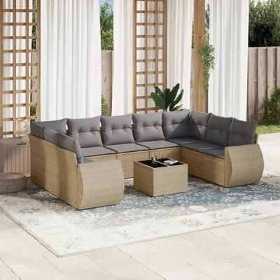 Produktbild von Design 10-tlg. Garten-Sofagarnitur mit Kissen Beige Poly Rattan, Gartenmöbel-Sets 2024 Neu