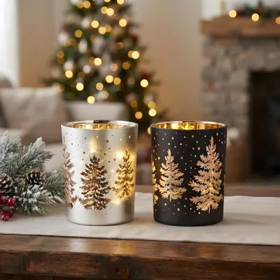 Produktbild von 2er Set Windlicht Schwarz Gold Silber Tannenbaum Teelichthalter Weihnachten Deko